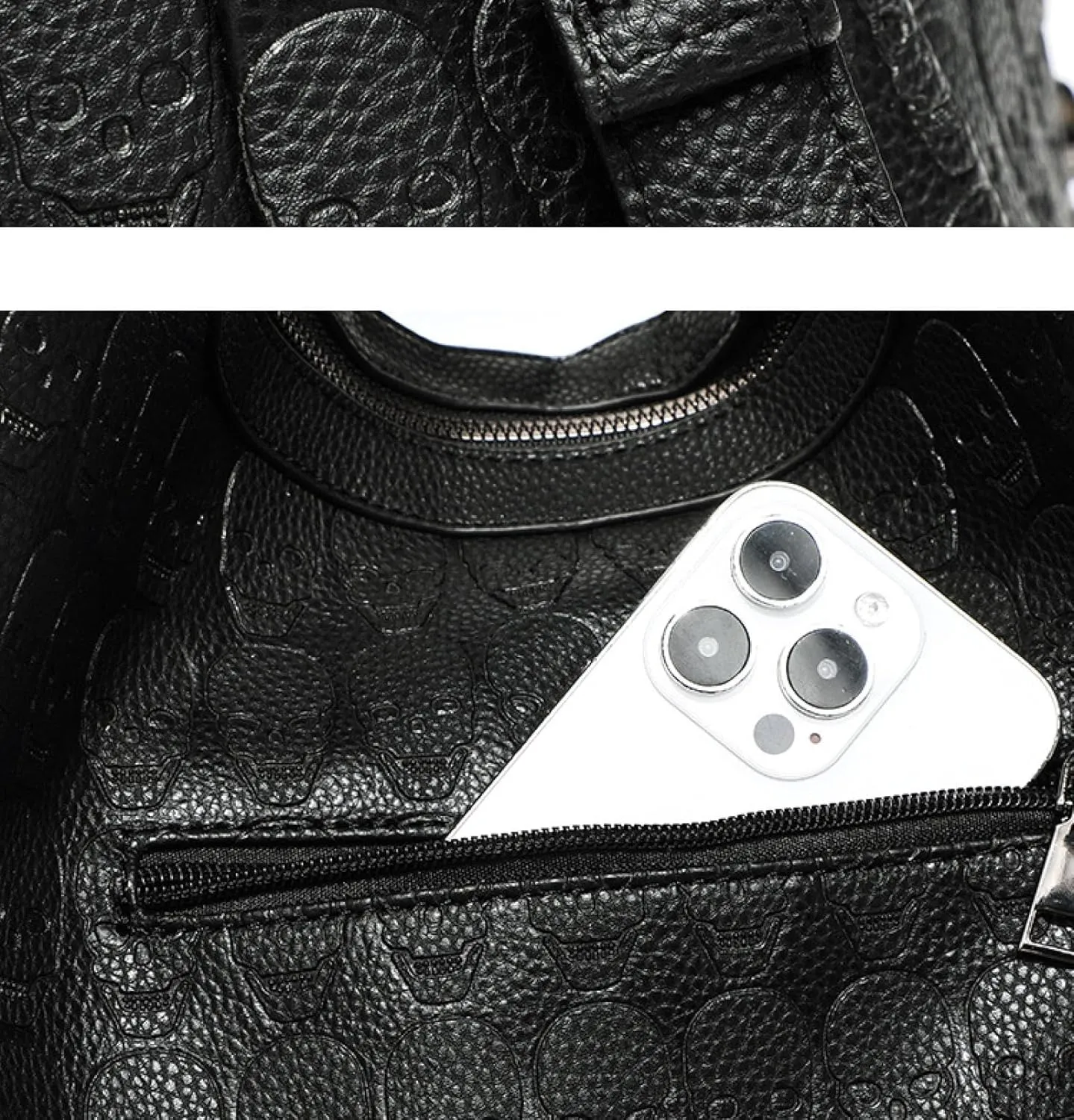 Punk black bag, studded skull, crossbody tote bag