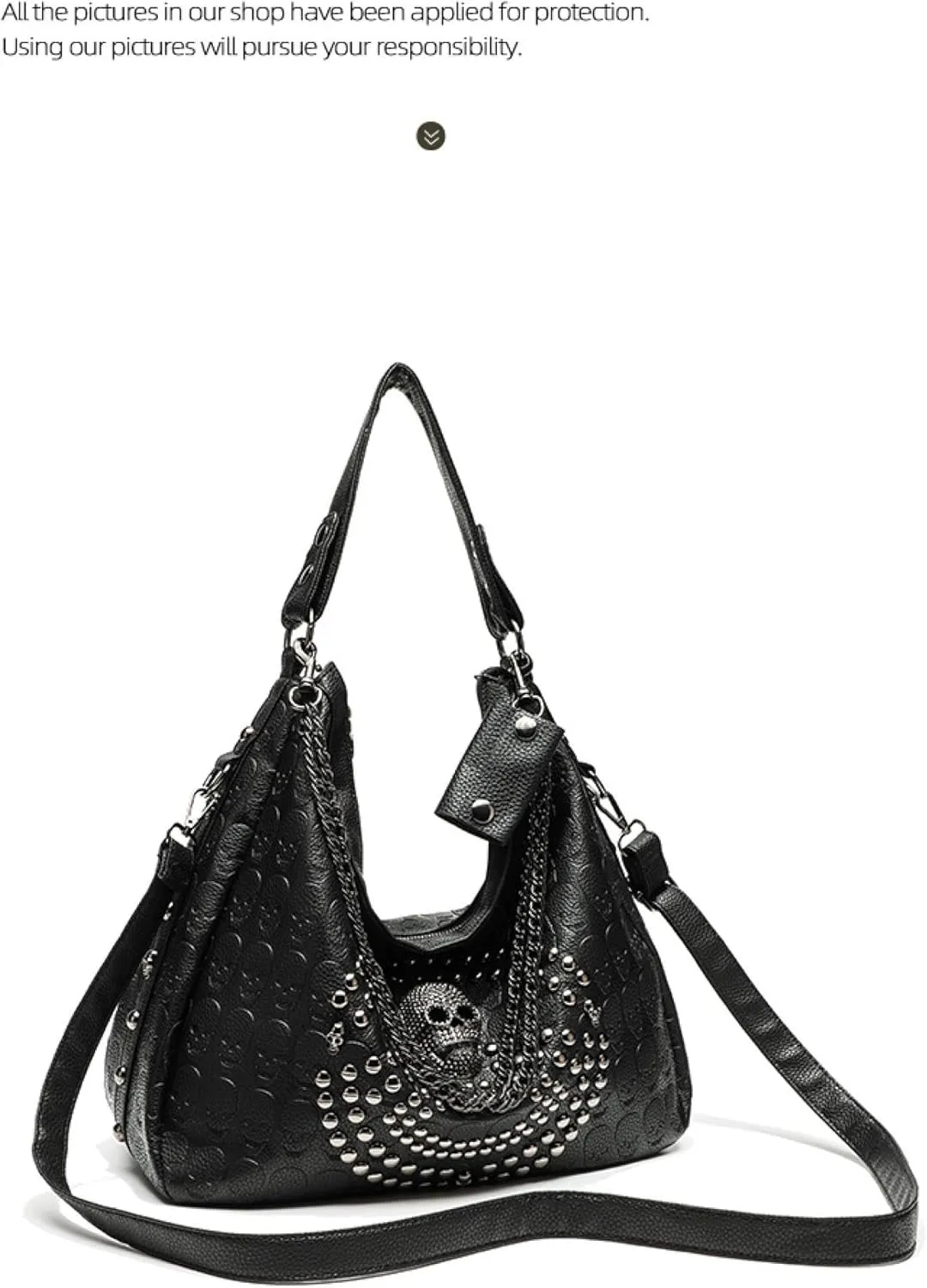 Punk black bag, studded skull, crossbody tote bag