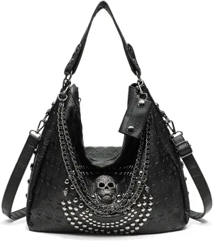Punk black bag, studded skull, crossbody tote bag