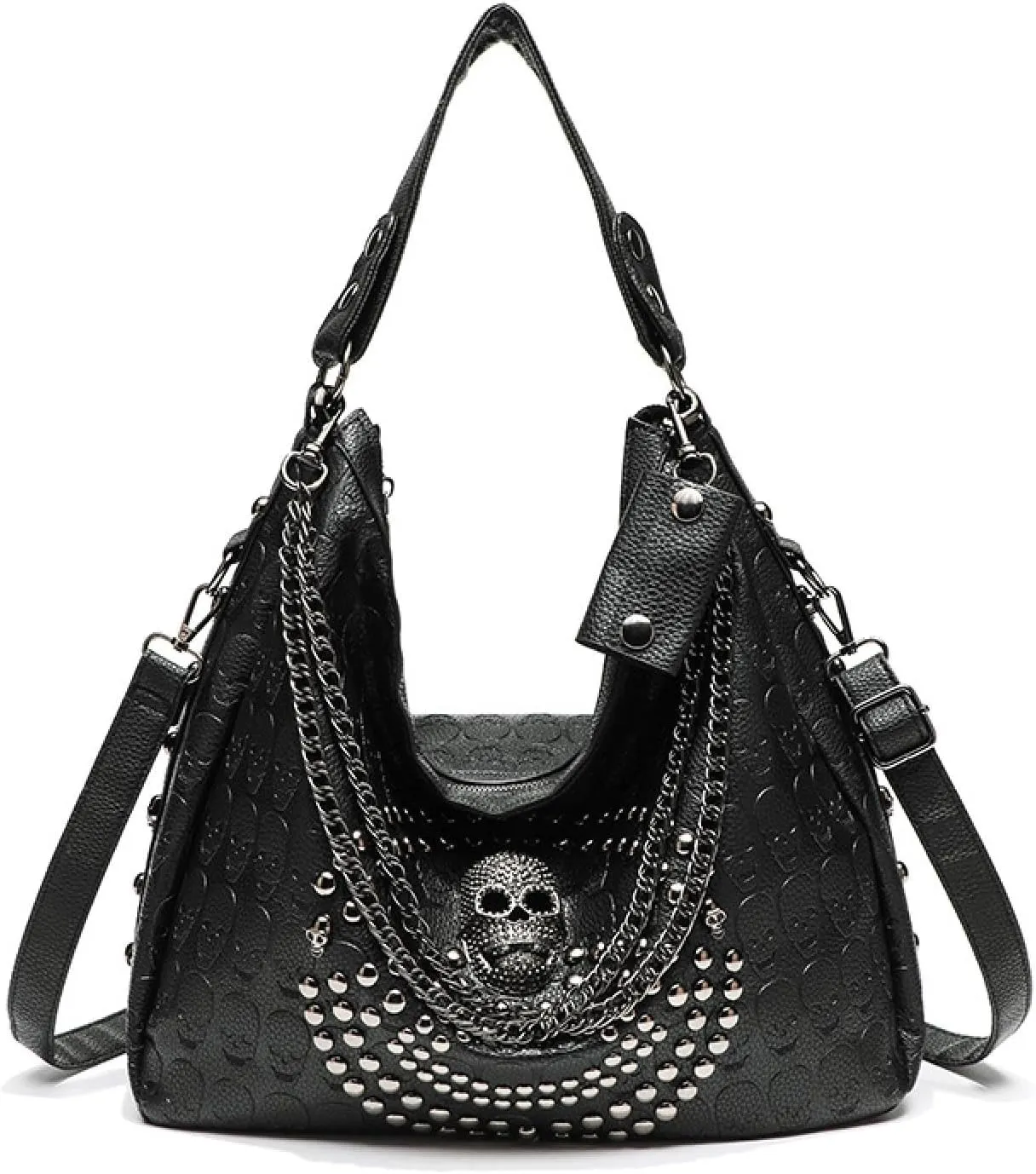 Punk black bag, studded skull, crossbody tote bag