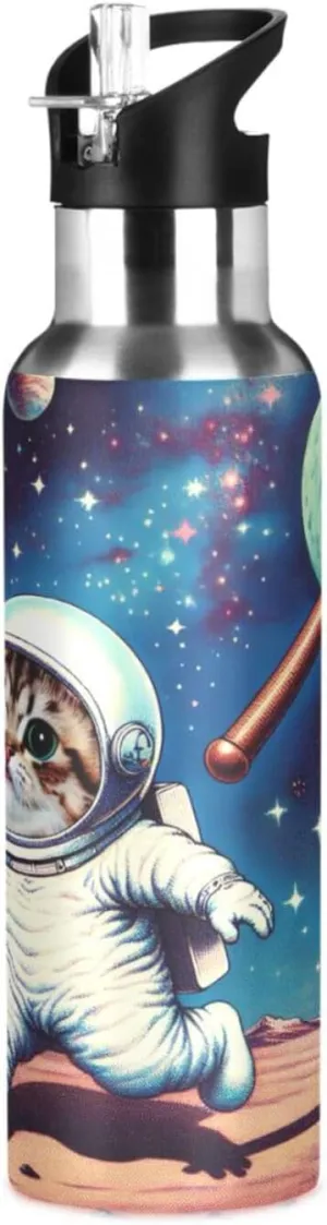 Qilmy Astro Cat Explorer Sport Water Bottle with Straw Lid Double Wall Vacuum Insulated Flask Stainless Steel Water Bottle 20 oz