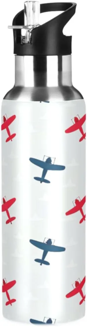 Qilmy Colorful Airplanes Sport Water Bottle with Straw Lid Double Wall Vacuum Insulated Flask Stainless Steel Water Bottle 20 oz