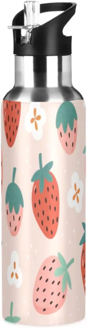 Qilmy Cute Strawberry Sport Water Bottle with Straw Lid Double Wall Vacuum Insulated Flask Stainless Steel Water Bottle 20 oz