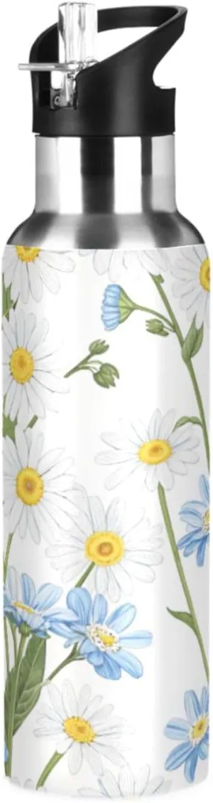 Qilmy Flower Sport Water Bottle with Straw Lid Double Wall Vacuum Insulated Flask Stainless Steel Water Bottle 20 oz