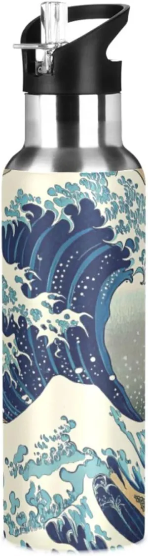Qilmy Wave Kanagawa Sport Water Bottle with Straw Lid Double Wall Vacuum Insulated Flask Stainless Steel Water Bottle 20 oz