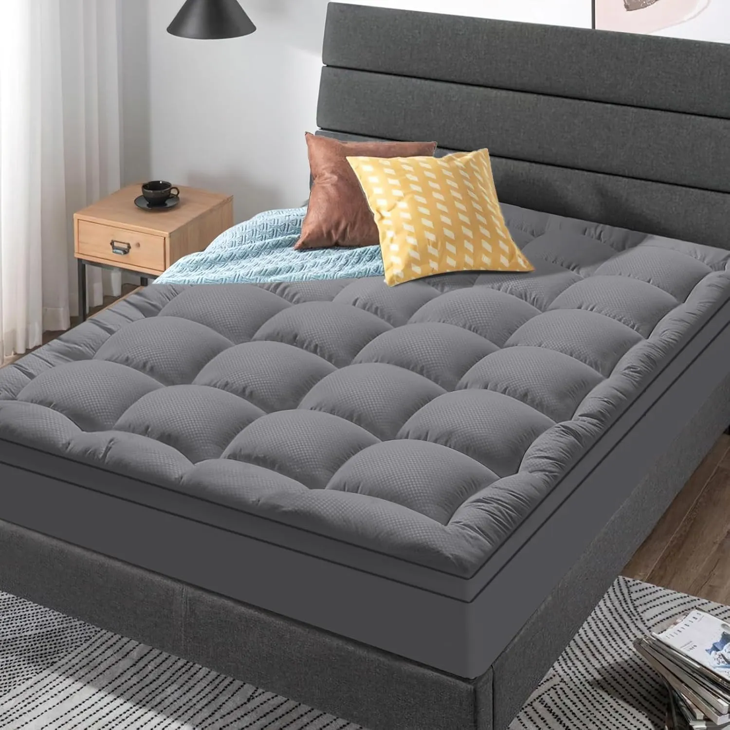 Queen Size Mattress Topper for Back Pain, Cooling Extra Thick Mattress Pad Cover with 8-21 inch Deep Pocket, Plush Pillow Top Mattress Topper Overfilled with Down Alternative, Queen Size, Dark Grey