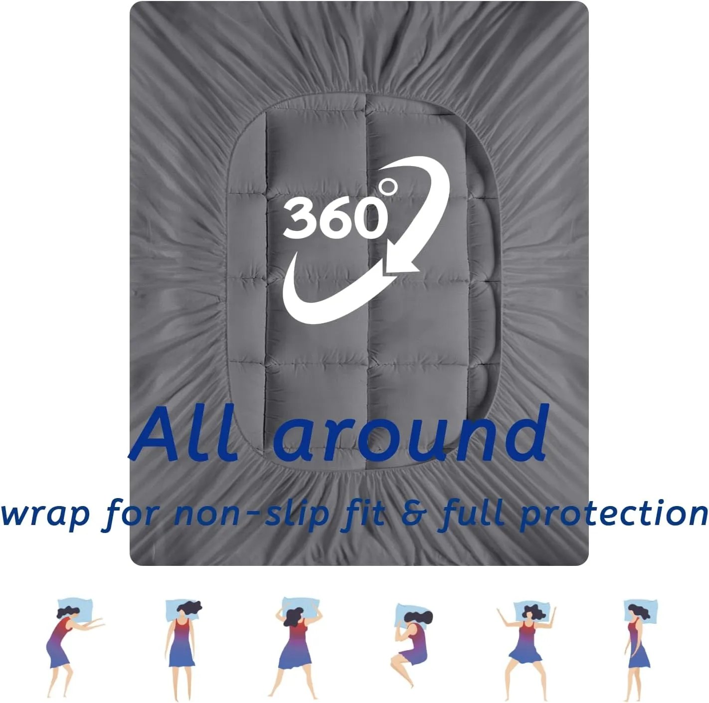 Queen Size Mattress Topper for Back Pain, Cooling Extra Thick Mattress Pad Cover with 8-21 inch Deep Pocket, Plush Pillow Top Mattress Topper Overfilled with Down Alternative, Queen Size, Dark Grey