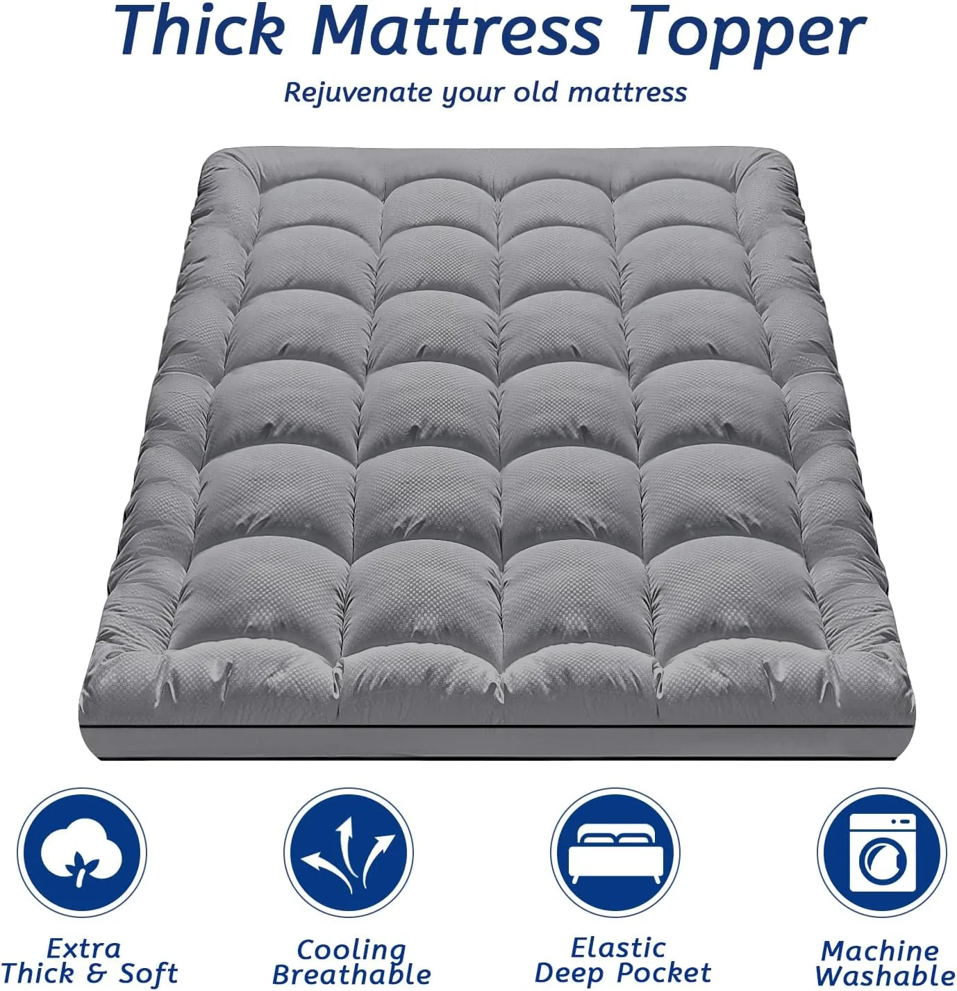 Queen Size Mattress Topper for Back Pain, Cooling Extra Thick Mattress Pad Cover with 8-21 inch Deep Pocket, Plush Pillow Top Mattress Topper Overfilled with Down Alternative, Queen Size, Dark Grey