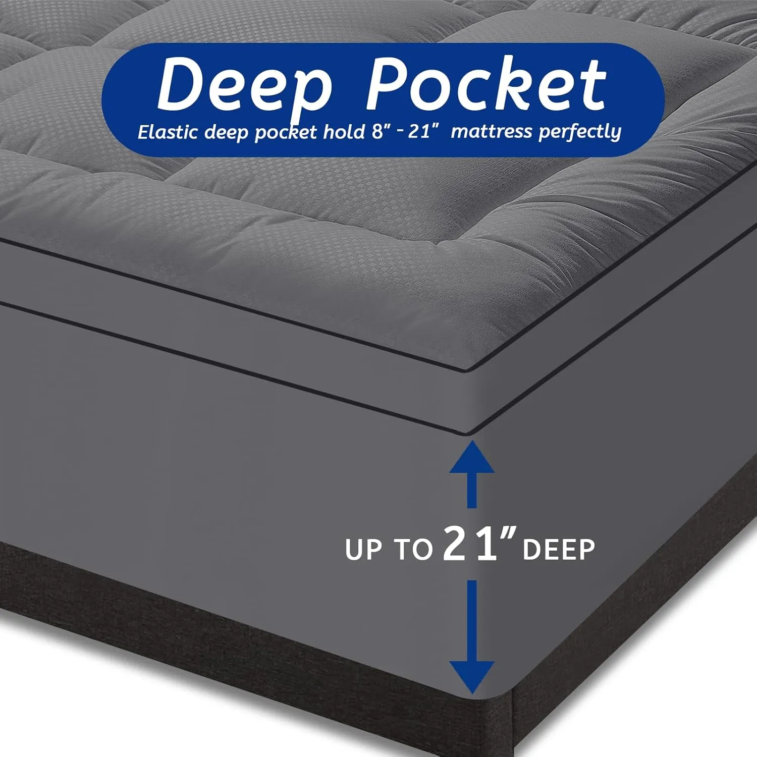 Queen Size Mattress Topper for Back Pain, Cooling Extra Thick Mattress Pad Cover with 8-21 inch Deep Pocket, Plush Pillow Top Mattress Topper Overfilled with Down Alternative, Queen Size, Dark Grey