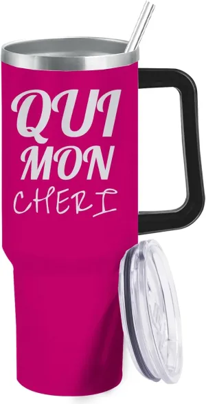Qui Mon Cheri Tumbler 40 oz Tumbler with Handle and Straw Pink Tumbler with Lid and Straw Insulated Tumbler Stainless Steel Tumbler Funny Gift