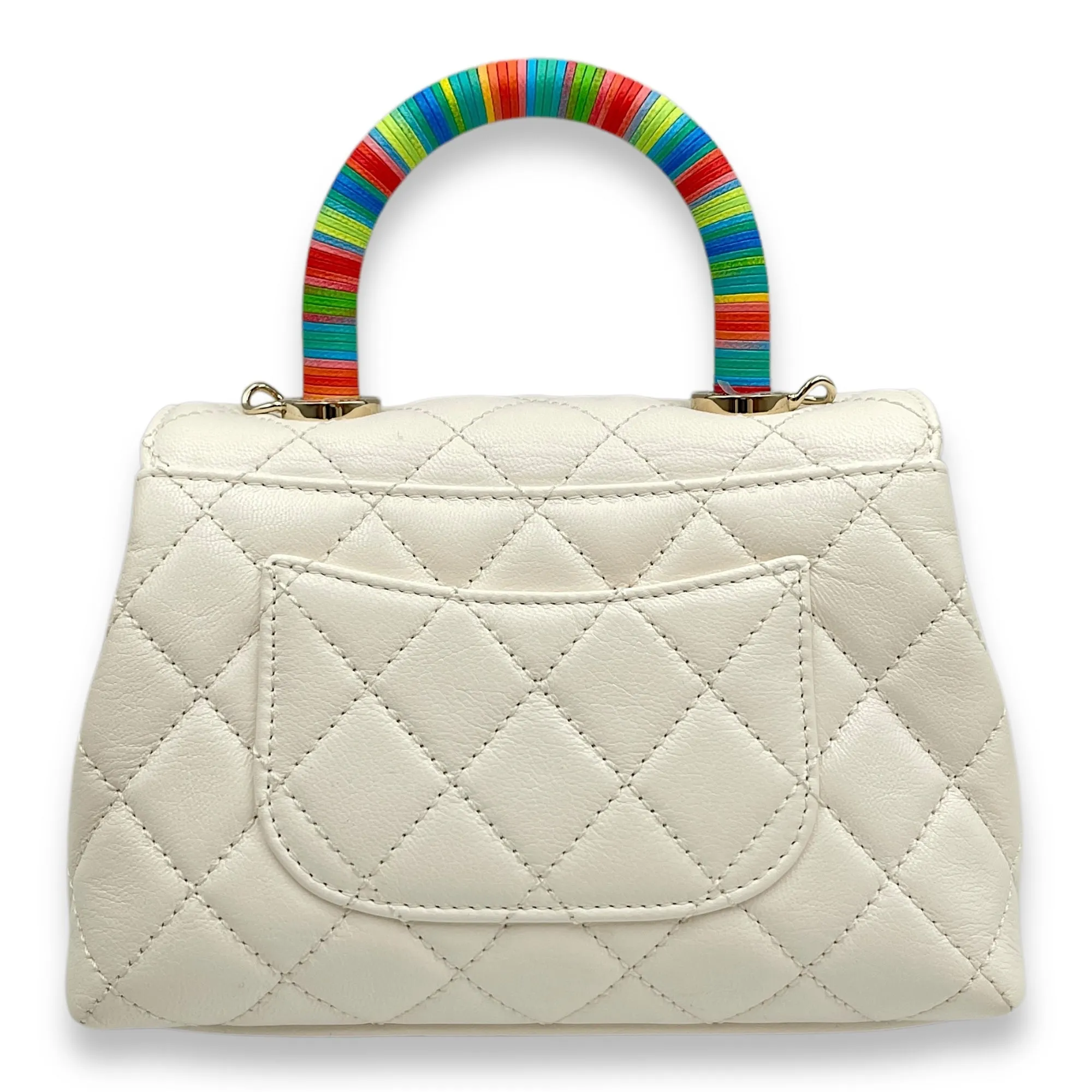 Quilted Coco Handle (18cm) Mini White, Rainbow Handle Crossbody Bag in Calfskin, Gold hardware