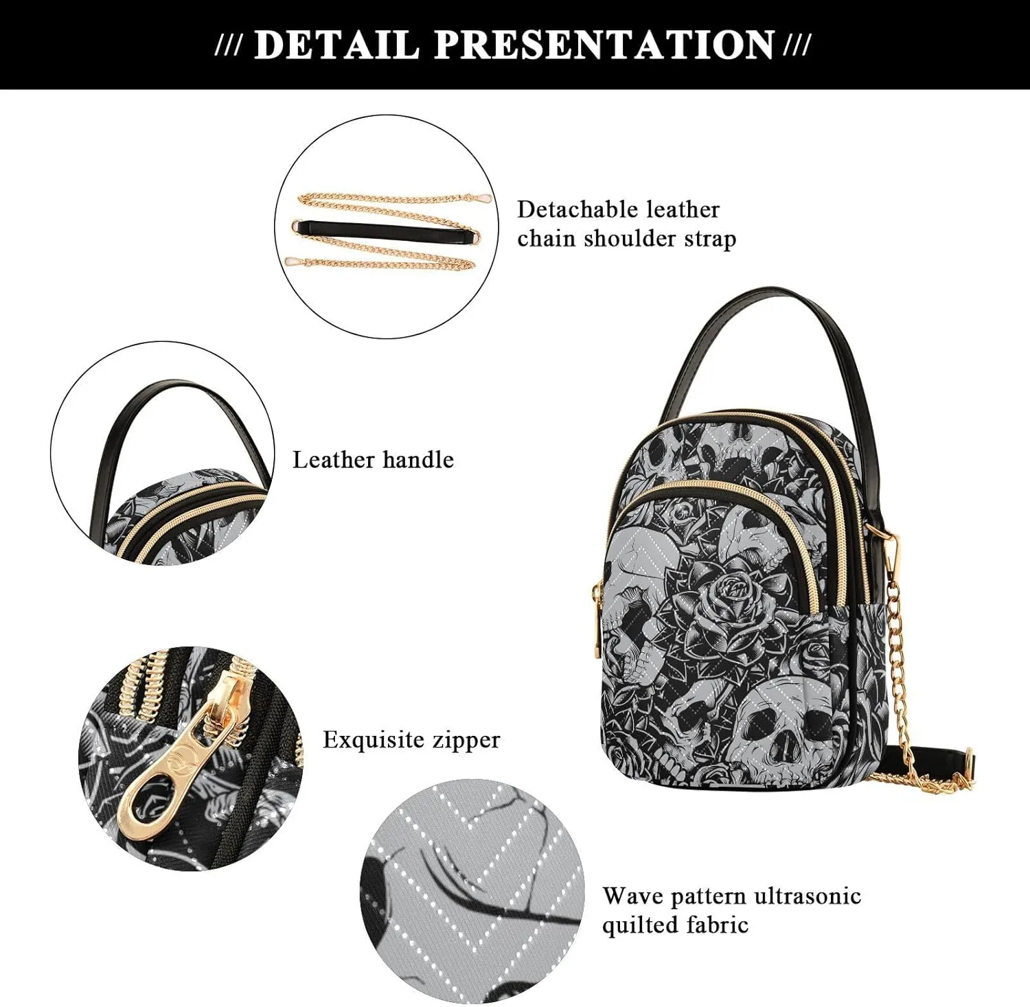 Quilted Crossbody Bags for Women Trendy, Women's Crossbody Handbags Gothic Butterfly Skull Blue Travel Cell Phone Purses Bags