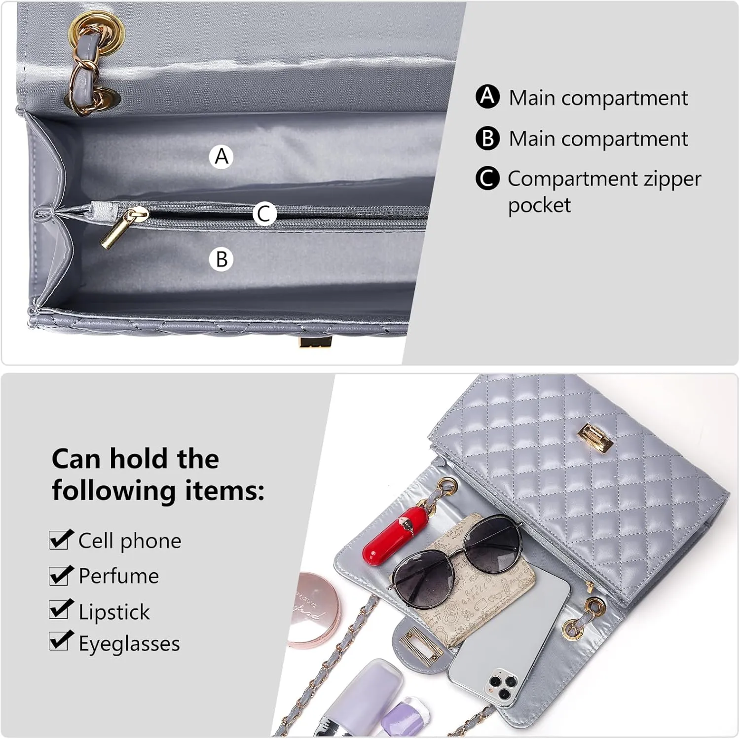 Quilted Leather Crossbody Bags for Women Trendy Ladies Shoulder Purse Satchel HandBag with Chain Strap