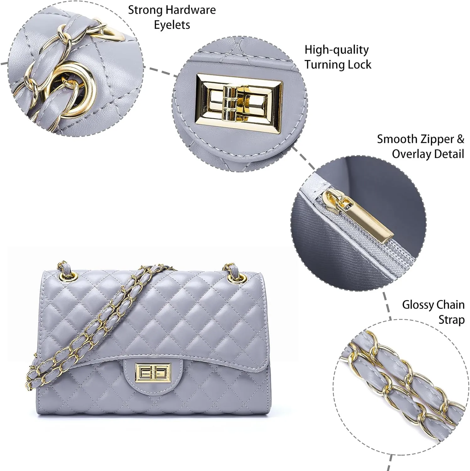 Quilted Leather Crossbody Bags for Women Trendy Ladies Shoulder Purse Satchel HandBag with Chain Strap