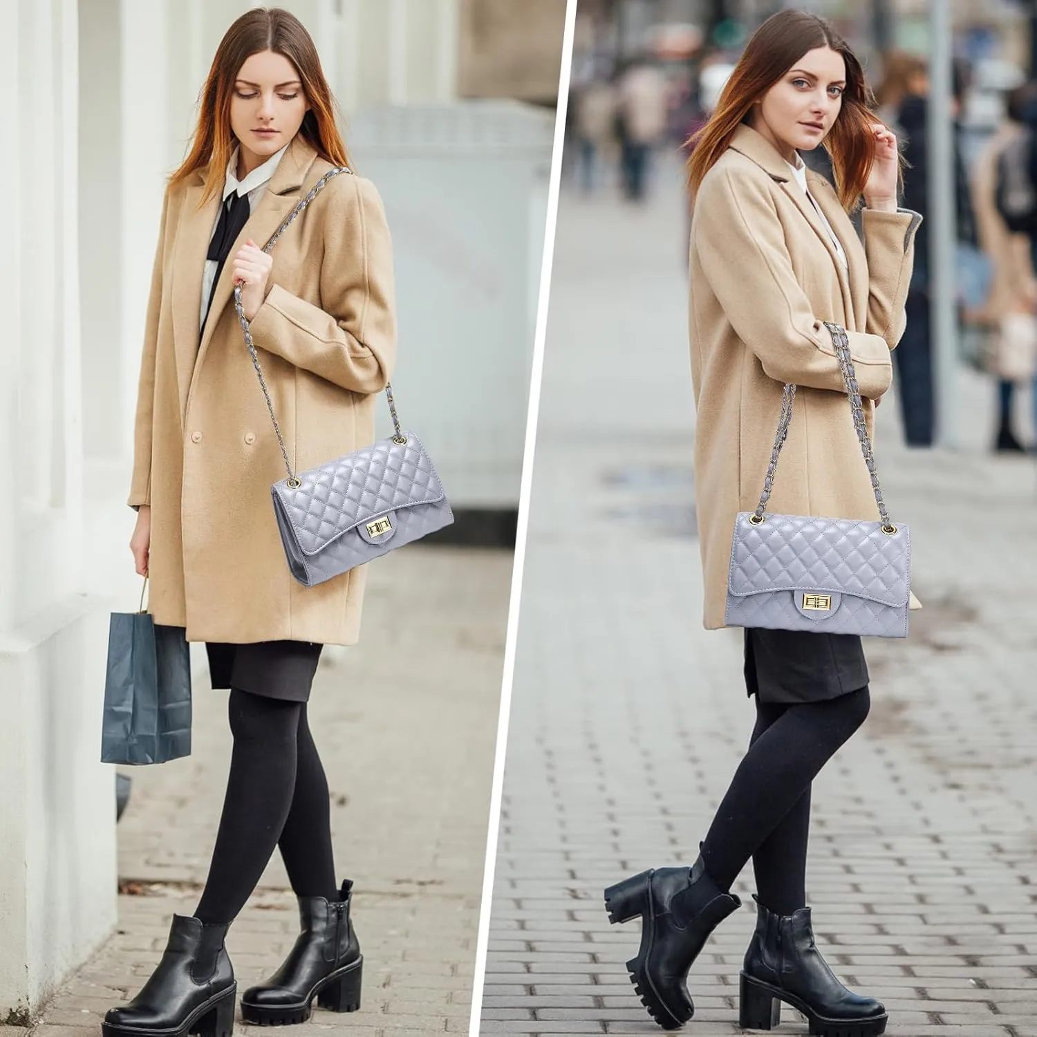 Quilted Leather Crossbody Bags for Women Trendy Ladies Shoulder Purse Satchel HandBag with Chain Strap