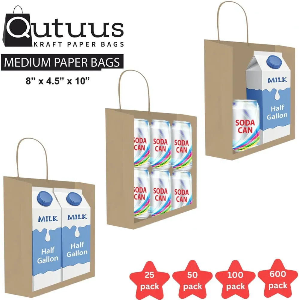 Qutuus 50pcs Gift Bags 8x4.5x10 Brown Paper Bags with Handles Bulk,Kraft Bags, Brown Gift Bags, Medium Size Gift Bag Bulk,Brown Bags, Kraft Paper Bag, Craft Bags