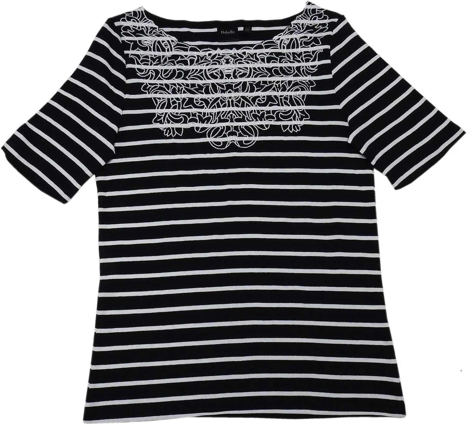 Rafaella Womens Elbow Sleeve Embroidered Blouse Top, Black/White/Stripe (2X-Large)