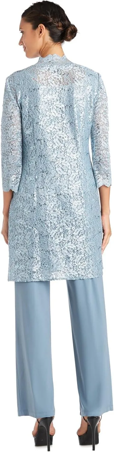 R&M Richards Womens Plus Sequined Lace Pant Suit