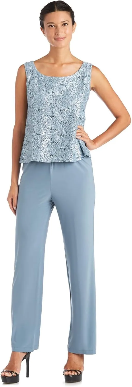 R&M Richards Womens Plus Sequined Lace Pant Suit