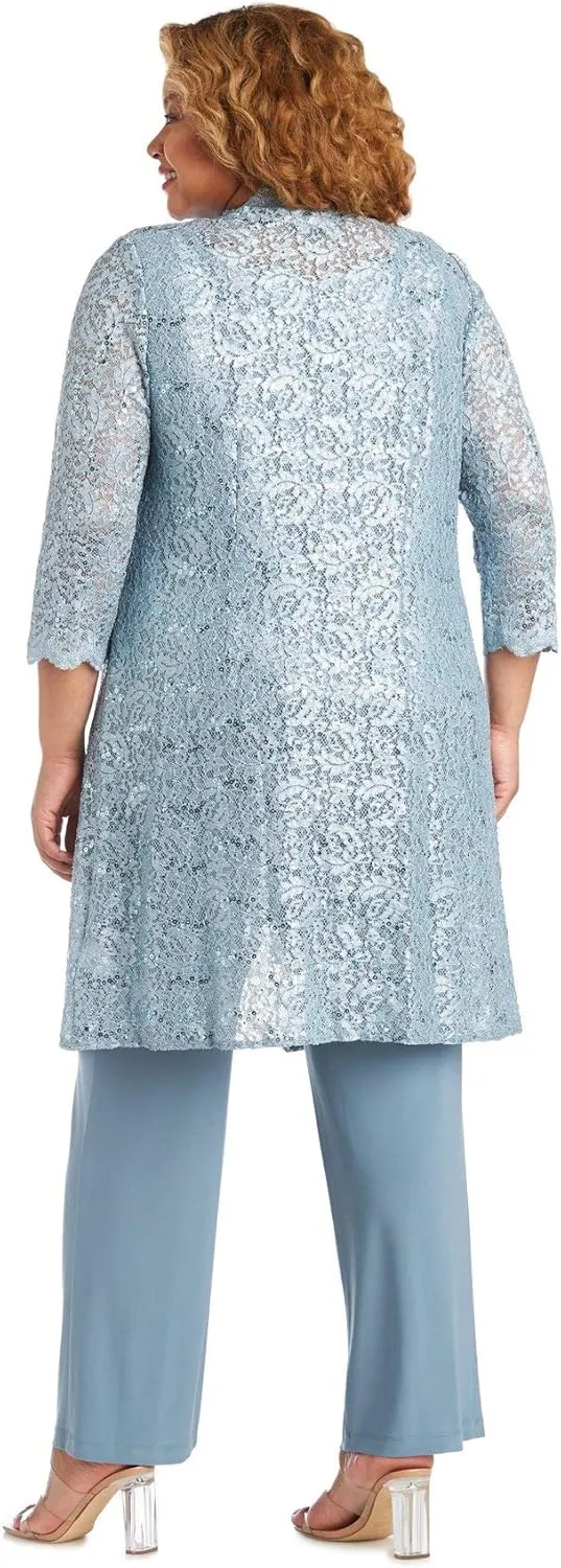 R&M Richards Womens Plus Sequined Lace Pant Suit