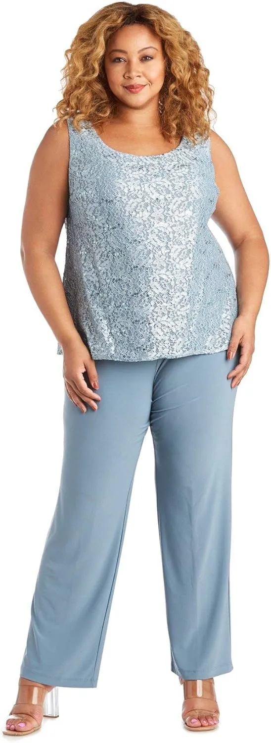 R&M Richards Womens Plus Sequined Lace Pant Suit