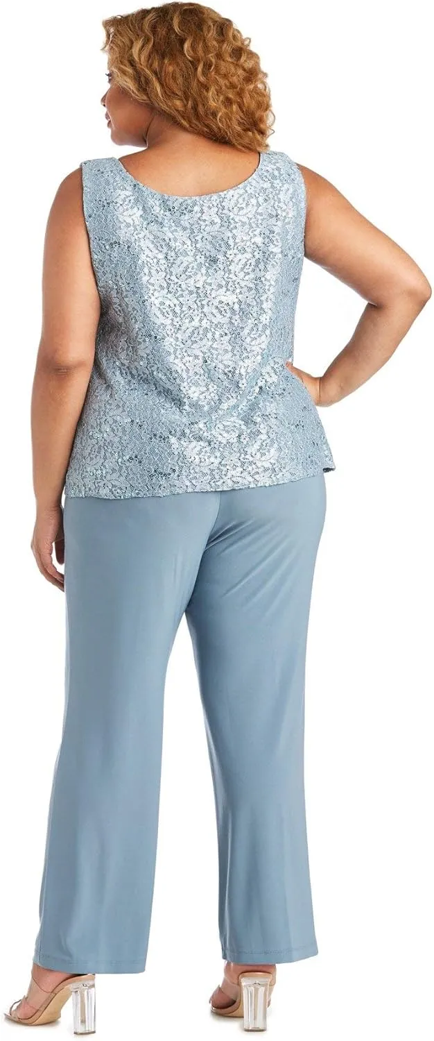 R&M Richards Womens Plus Sequined Lace Pant Suit