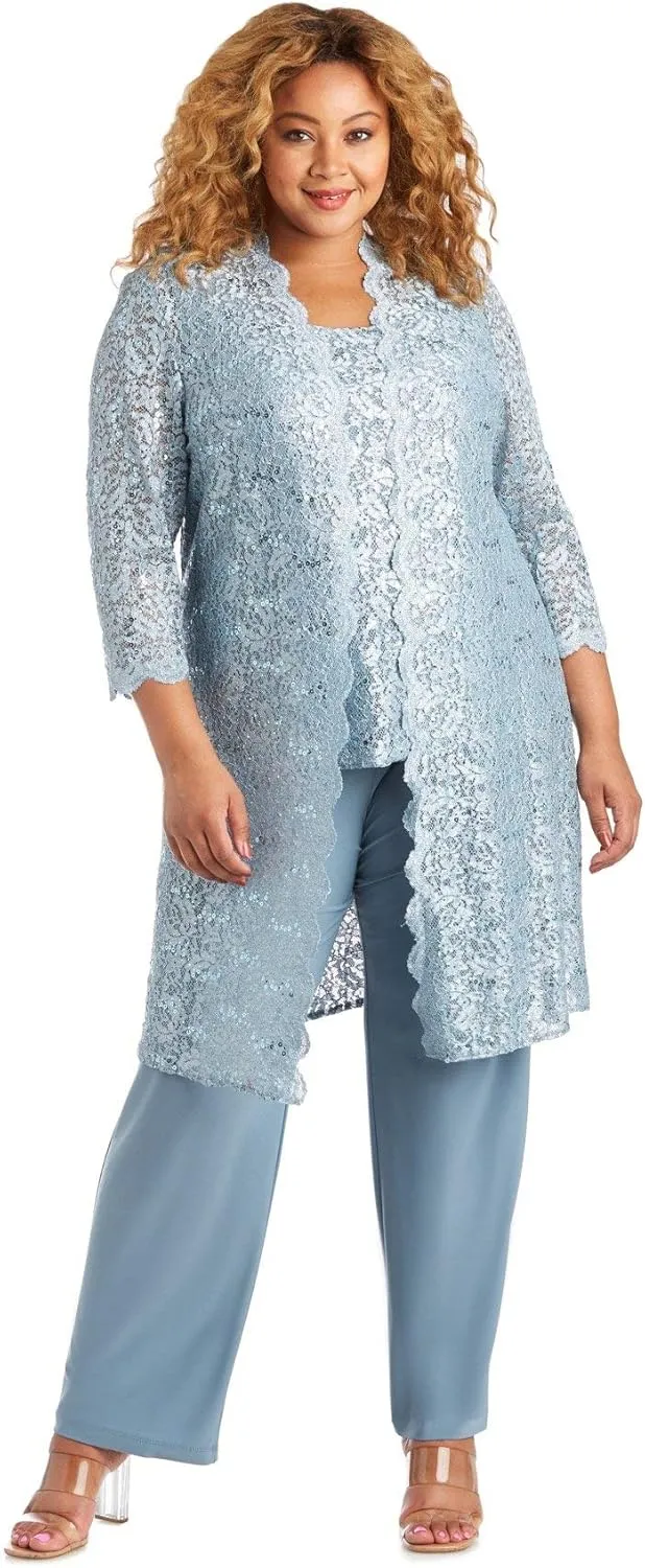 R&M Richards Womens Plus Sequined Lace Pant Suit