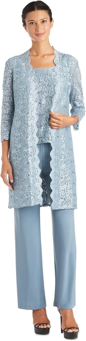 R&M Richards Womens Plus Sequined Lace Pant Suit