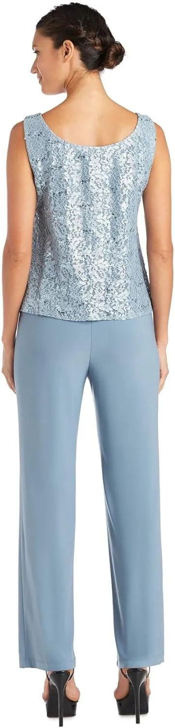 R&M Richards Womens Plus Sequined Lace Pant Suit