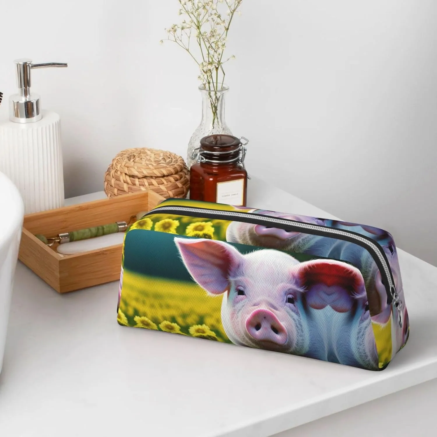 Rape flower pig Leather three-dimensional portable pen case -PVC lined polyester makeup bag coin wallet special pencil case