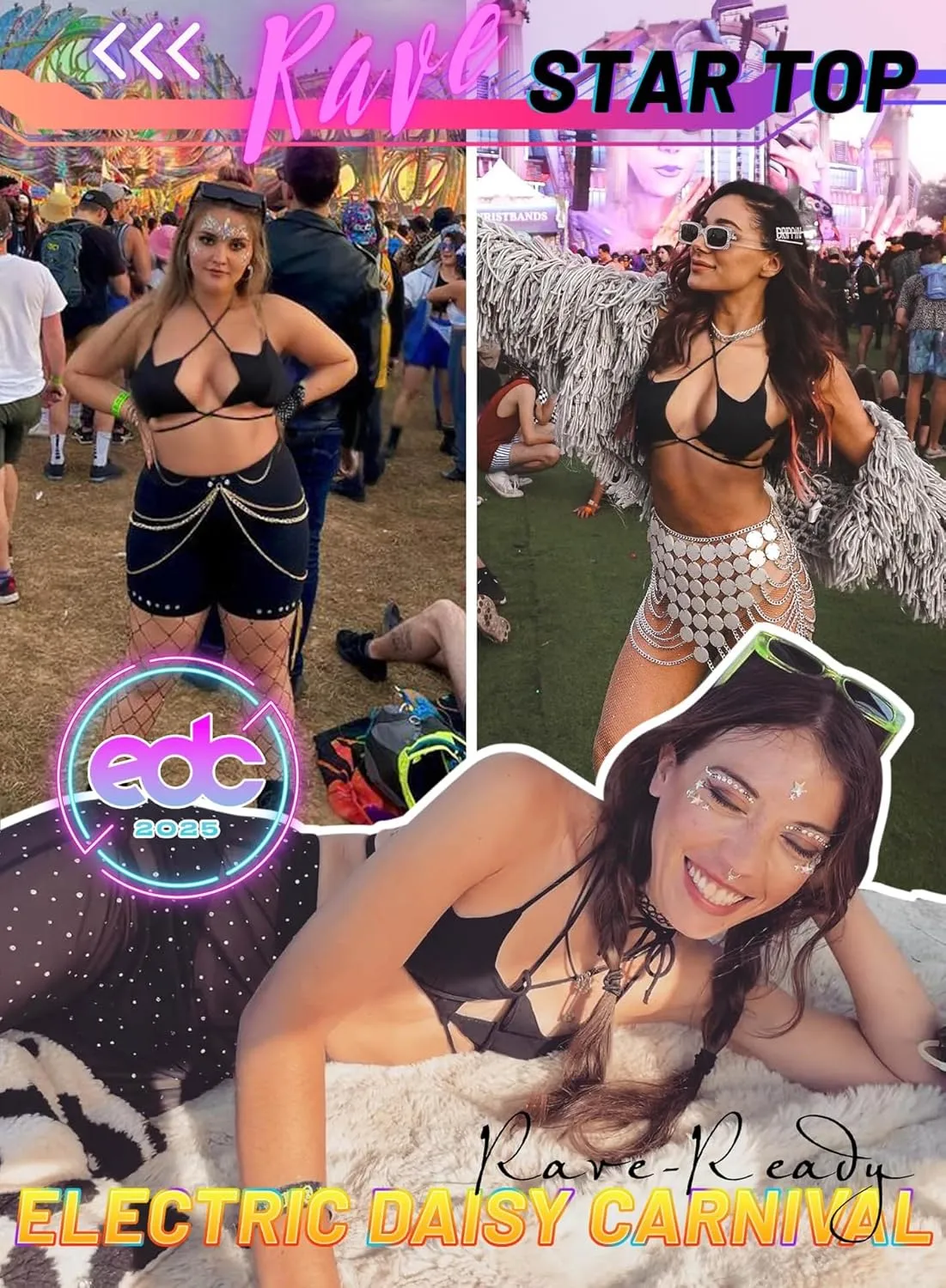 Rave Star Top for Women - EDC Festival Sexy Halter Party Dance Bra Backless Strappy Crisscross Wrap Tie Outfits