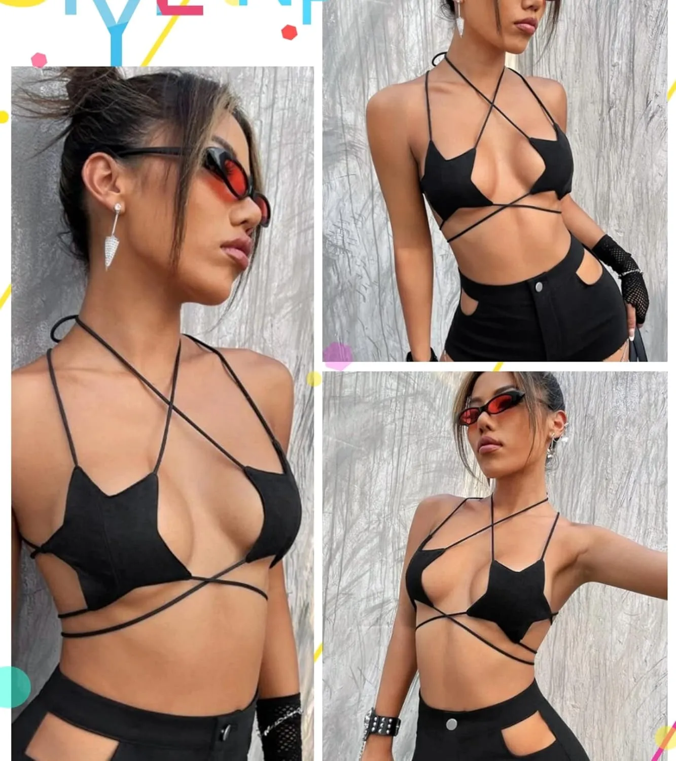 Rave Star Top for Women - EDC Festival Sexy Halter Party Dance Bra Backless Strappy Crisscross Wrap Tie Outfits