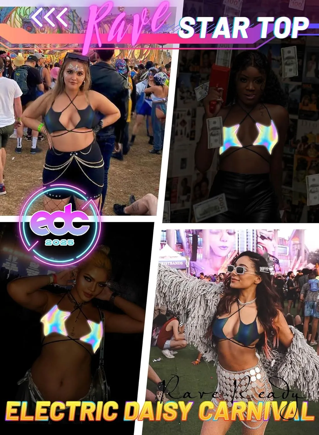 Rave Star Top for Women - EDC Festival Sexy Halter Party Dance Bra Backless Strappy Crisscross Wrap Tie Outfits