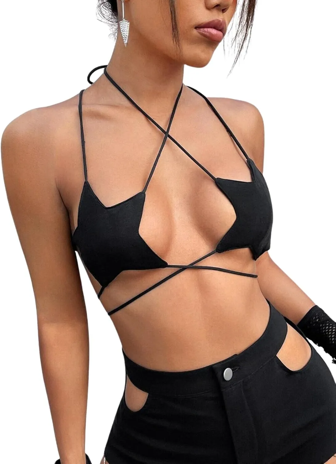 Rave Star Top for Women - EDC Festival Sexy Halter Party Dance Bra Backless Strappy Crisscross Wrap Tie Outfits