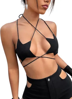 Rave Star Top for Women - EDC Festival Sexy Halter Party Dance Bra Backless Strappy Crisscross Wrap Tie Outfits