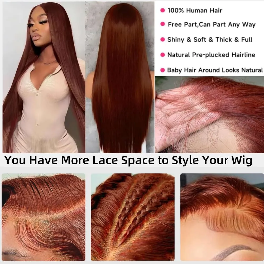 Reddish Brown Lace Front Wigs Human Hair Straight 180% Density 13X6 HD Straight Lace Front Wig Copper Red Lace Front Wig Auburn Wig Human Hair 20 Inch Pre Plucked with Baby Hair for Beginner