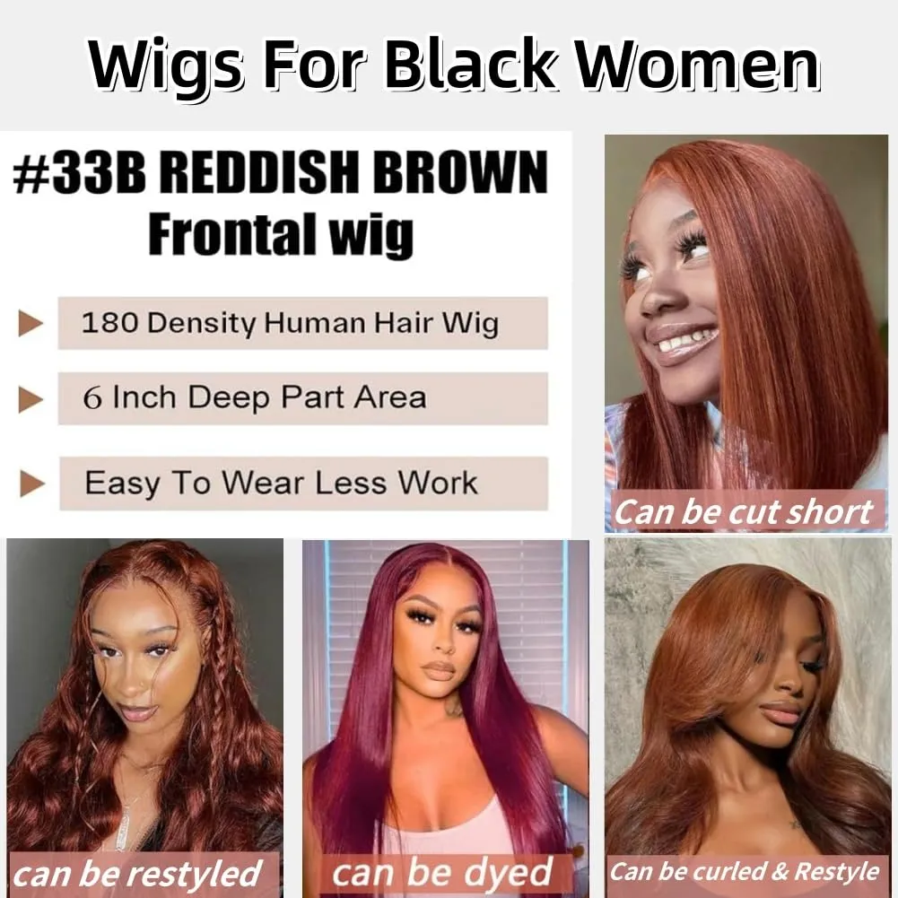 Reddish Brown Lace Front Wigs Human Hair Straight 180% Density 13X6 HD Straight Lace Front Wig Copper Red Lace Front Wig Auburn Wig Human Hair 20 Inch Pre Plucked with Baby Hair for Beginner