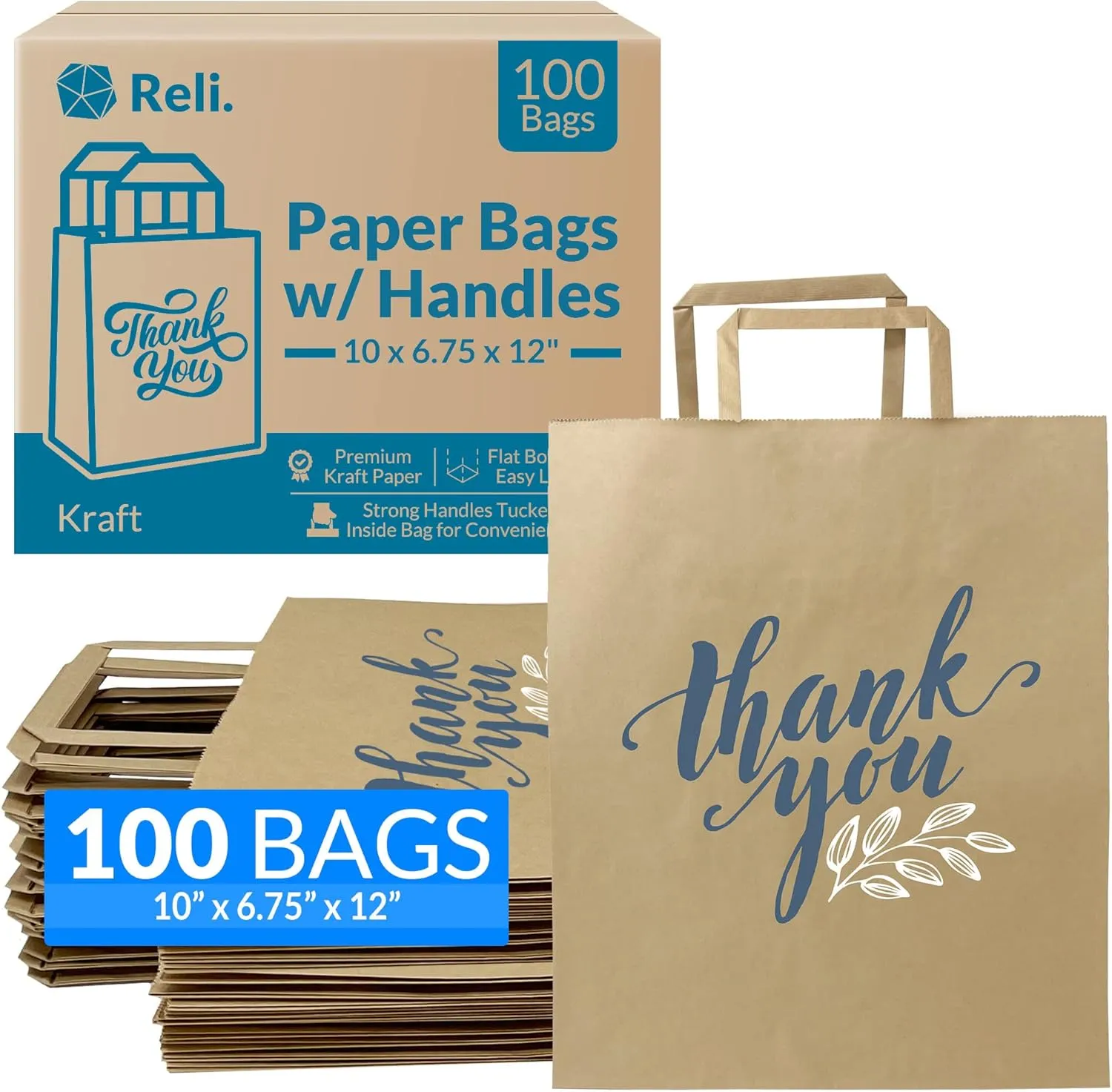 Reli. Brown Paper Bags w/Handles | 100 Pcs Bulk | 10"x6.75"x12" | Paper Thank You Bags, Kraft | Printed | Shopping, To Go, Thank You Gifts, Wedding | 25% Larger Than 10"x 5"x13"