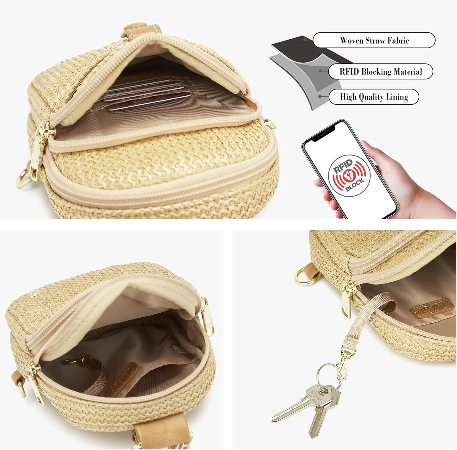 RFID Straw Summer Purses for Women 2025 Woven Sling Bag Fanny Packs Cross body for Everyday Beach Travel Vacation Essentials (Front Pocket Button)
