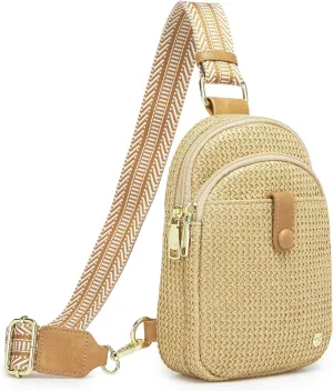 RFID Straw Summer Purses for Women 2025 Woven Sling Bag Fanny Packs Cross body for Everyday Beach Travel Vacation Essentials (Front Pocket Button)