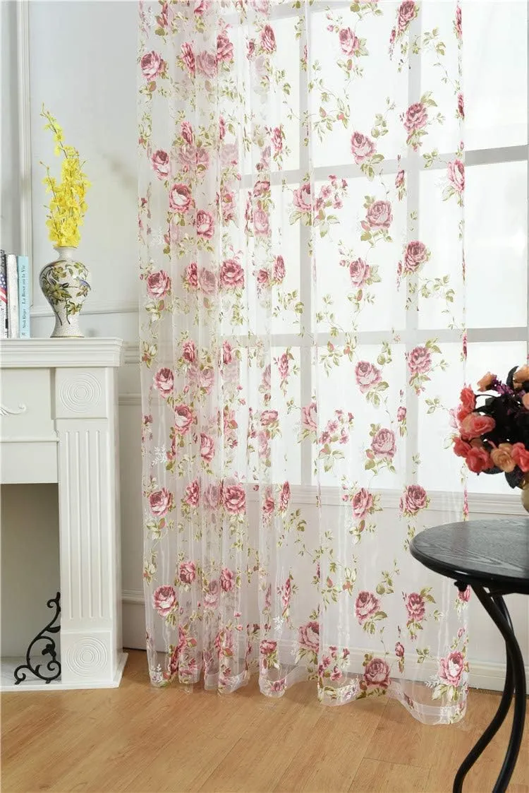 Rod Pocket Top Rose Floral Sheer Voile Curtain, Pink Flower Tulle Transparent Window Treatment for Living Room Bedroom Glass Door, 54 by 96 Inch Each, 1 Set of 2 Panels …