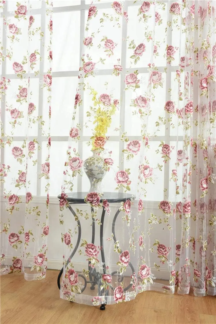 Rod Pocket Top Rose Floral Sheer Voile Curtain, Pink Flower Tulle Transparent Window Treatment for Living Room Bedroom Glass Door, 54 by 96 Inch Each, 1 Set of 2 Panels …