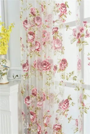 Rod Pocket Top Rose Floral Sheer Voile Curtain, Pink Flower Tulle Transparent Window Treatment for Living Room Bedroom Glass Door, 54 by 96 Inch Each, 1 Set of 2 Panels …