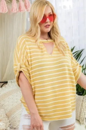 Roll Up Short Sleeve Choker Neck Stripe Print Top