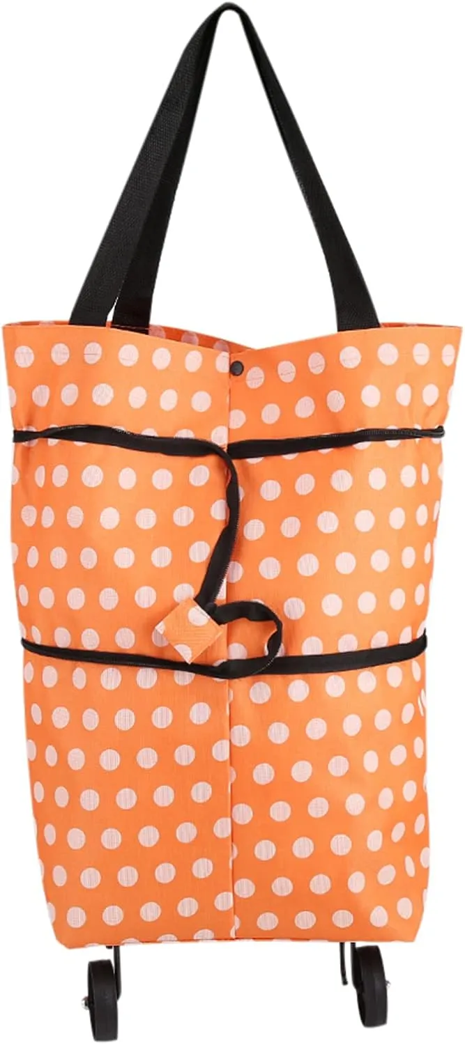 Rolling Shop Bag, Oxford Cloth Foldable Dual Purpose Bag, Reusable Shop Bags with Wheels(Orange polka dots)