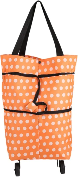 Rolling Shop Bag, Oxford Cloth Foldable Dual Purpose Bag, Reusable Shop Bags with Wheels(Orange polka dots)