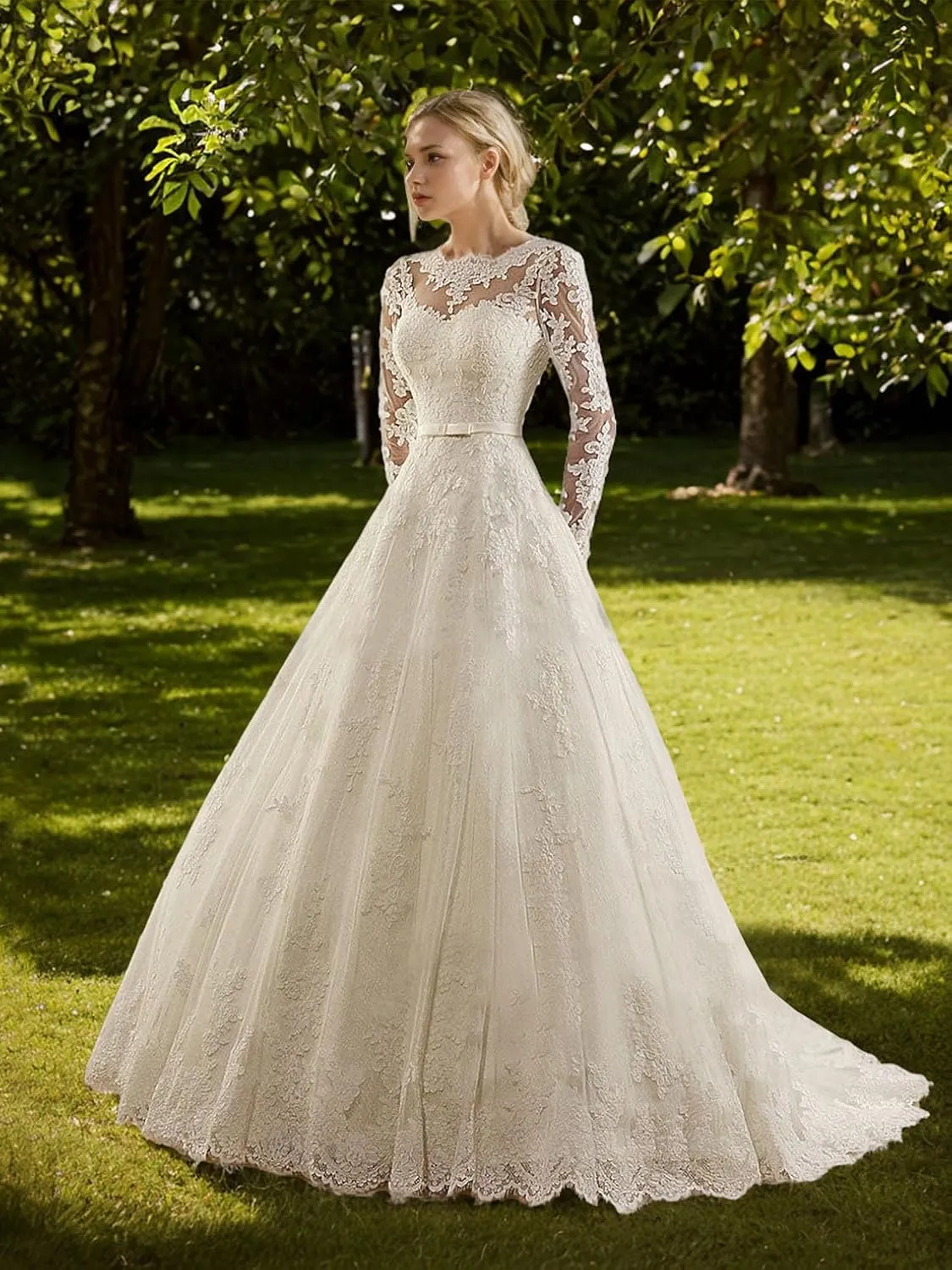 Romantic Elegant Sexy Ball Gown Formal Wedding Dress Court Train Illusion Neck Lace Tulle Lace Up Long Sleeve 2025