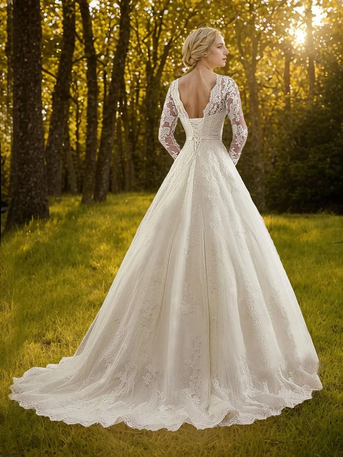 Romantic Elegant Sexy Ball Gown Formal Wedding Dress Court Train Illusion Neck Lace Tulle Lace Up Long Sleeve 2025