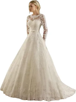 Romantic Elegant Sexy Ball Gown Formal Wedding Dress Court Train Illusion Neck Lace Tulle Lace Up Long Sleeve 2025