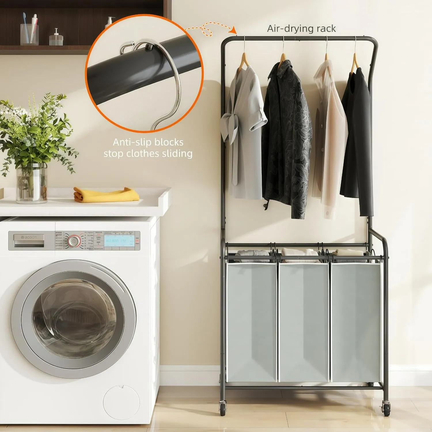 ROMOON Rolling Laundry Basket Organizer with Hanging Clothes Rack: 3 Section Laundry Hamper Sorter with Hanging Bar and Heavy-duty Lockable Wheels - Clothes Rack with Laundry baskets, 2025 Upgrade